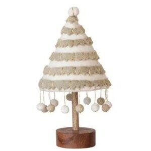 NEW! WHIMSICAL Wool Felt Christmas Tree W/Pom Poms grayish/green/white 10" WOOD